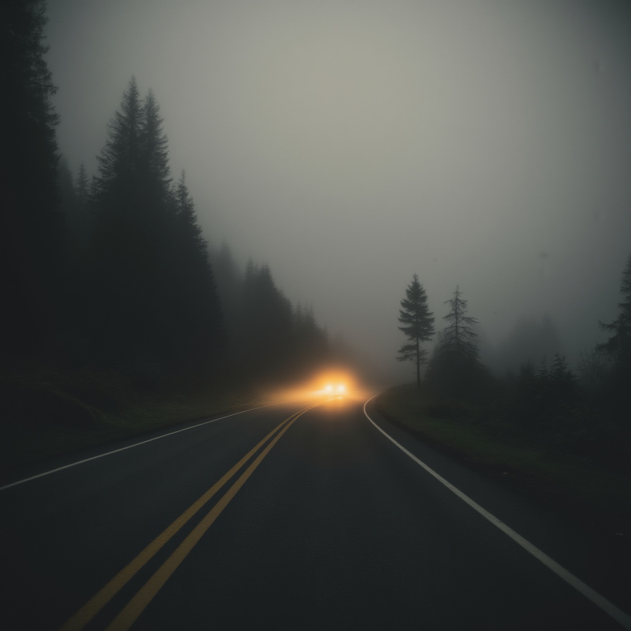 A two-lane asphalt road winds through a dense,  dark forest under a heavy blanket of thick grey fog. The scene is captured...