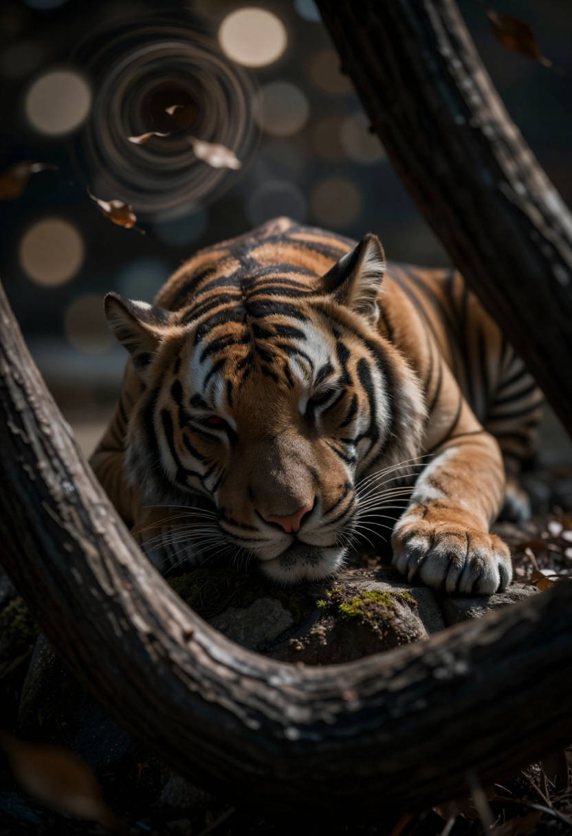 In a moody close-up shot through the shallow depth of field lens,  a tree branch lies in soft focus at the foreground,  it...