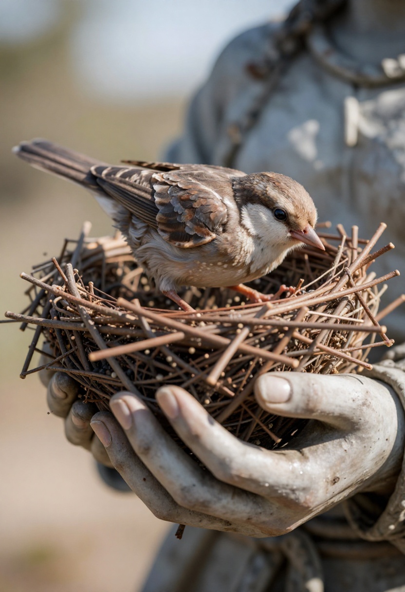 Close-up of a bird that has built its nest in the hand of a statue. 200mm lens,  f/4 aperture,  ISO 400 on Tensor.Art