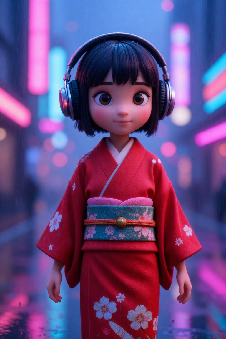 Disney Pixar-inspired 3D realistic image of a young girl in a striking red kimono,  wearing large headphones,  standing in...