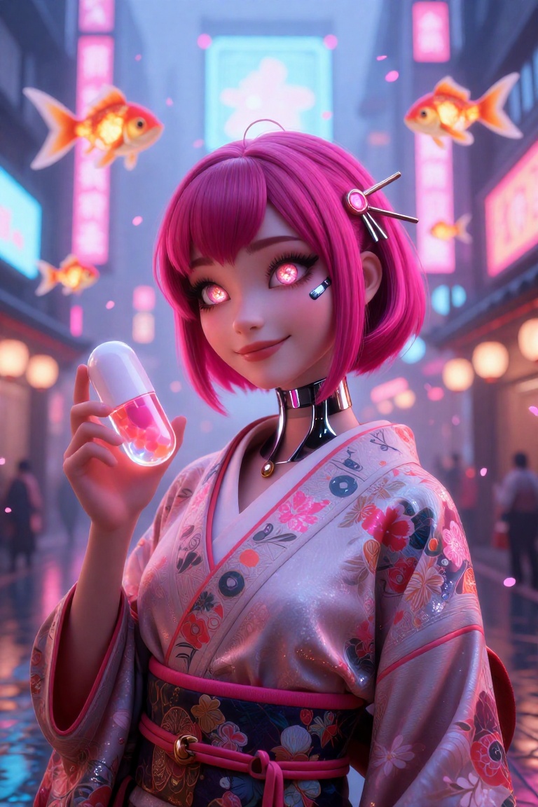 Disney Pixar-inspired 3D realistic image of cyberpunk_geisha,  a stunning woman with magenta hair styled in a sleek neon p...