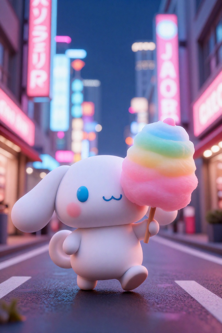 Disney Pixar-inspired 3D realistic image,  Cinnamoroll walking through a neon-lit street in Harajuku,  holding a giant rai...