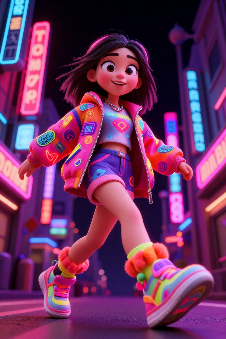 Disney Pixar-inspired 3D realistic image of A 22 yo Asian woman,  positioned in the center of the image,  is depicted mid-...