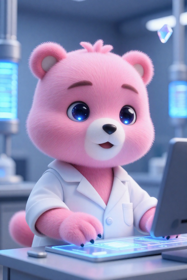 Disney Pixar-inspired 3D realistic image of A pink Care Bear wearing a white professional lab coat (white shirt style) wit...