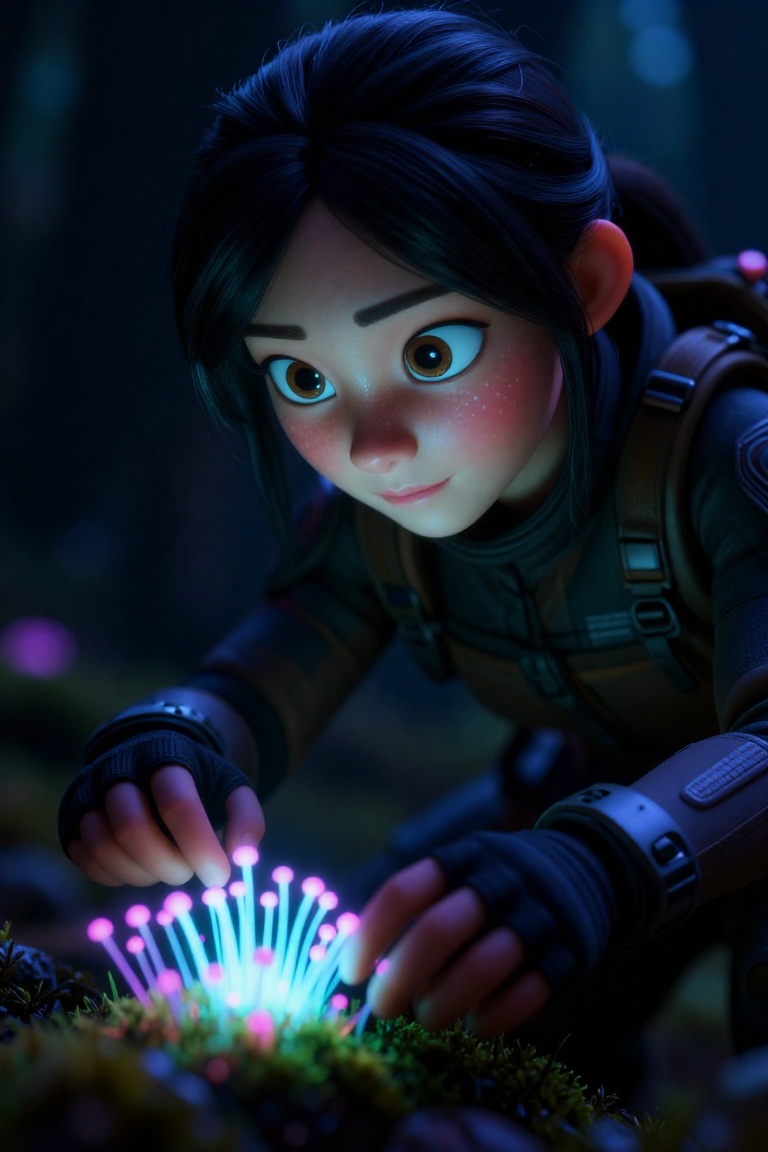 Disney Pixar-inspired 3D realistic image of A hyper-realistic close-up of a young Asian woman with glowing neon freckles,...