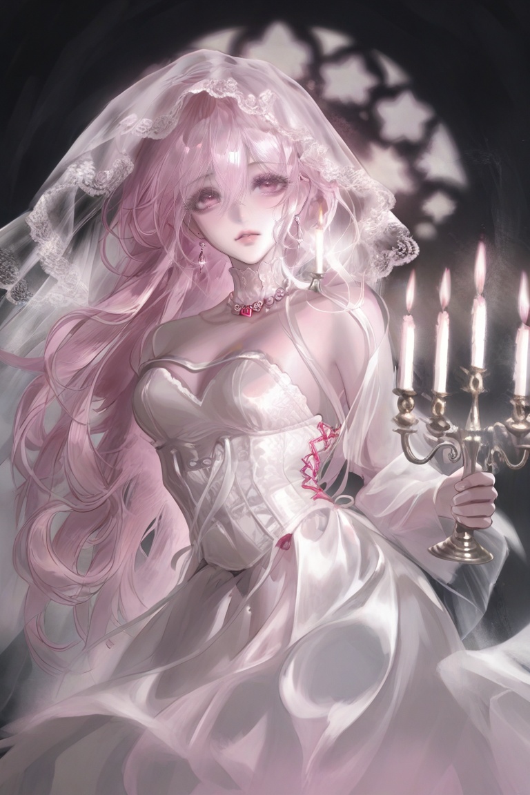 Subject: A beautiful,  ethereal ghostly bride,  long flowing pale pink hair on Tensor.Art