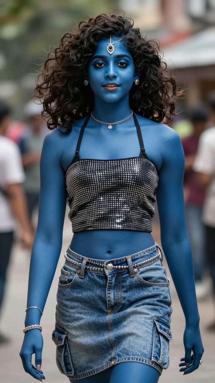 Modern Kali Maa,  realistic dark blue skin with micro skin details and subtle imperfections,  voluminous Y2K supermodel bl...