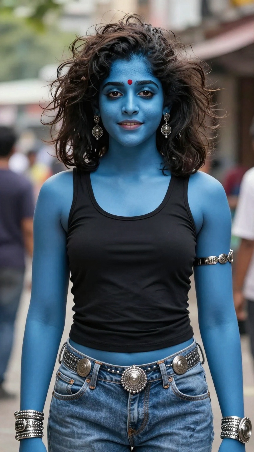 Hyperrealistic Kali Maa portrait,  natural-looking blue skin with lifelike texture,  messy Y2K blowout hairstyle on Tensor...