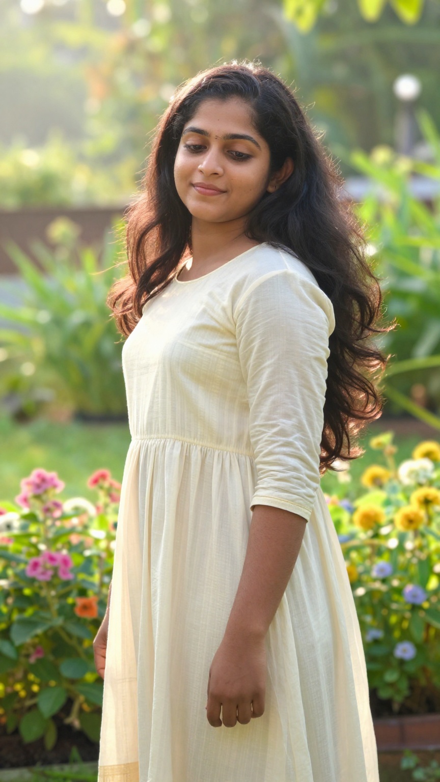Detailed image of a kerala woman standing in a lush garden,  bathed in morning sunlight,  with soft pastel colors and a se...