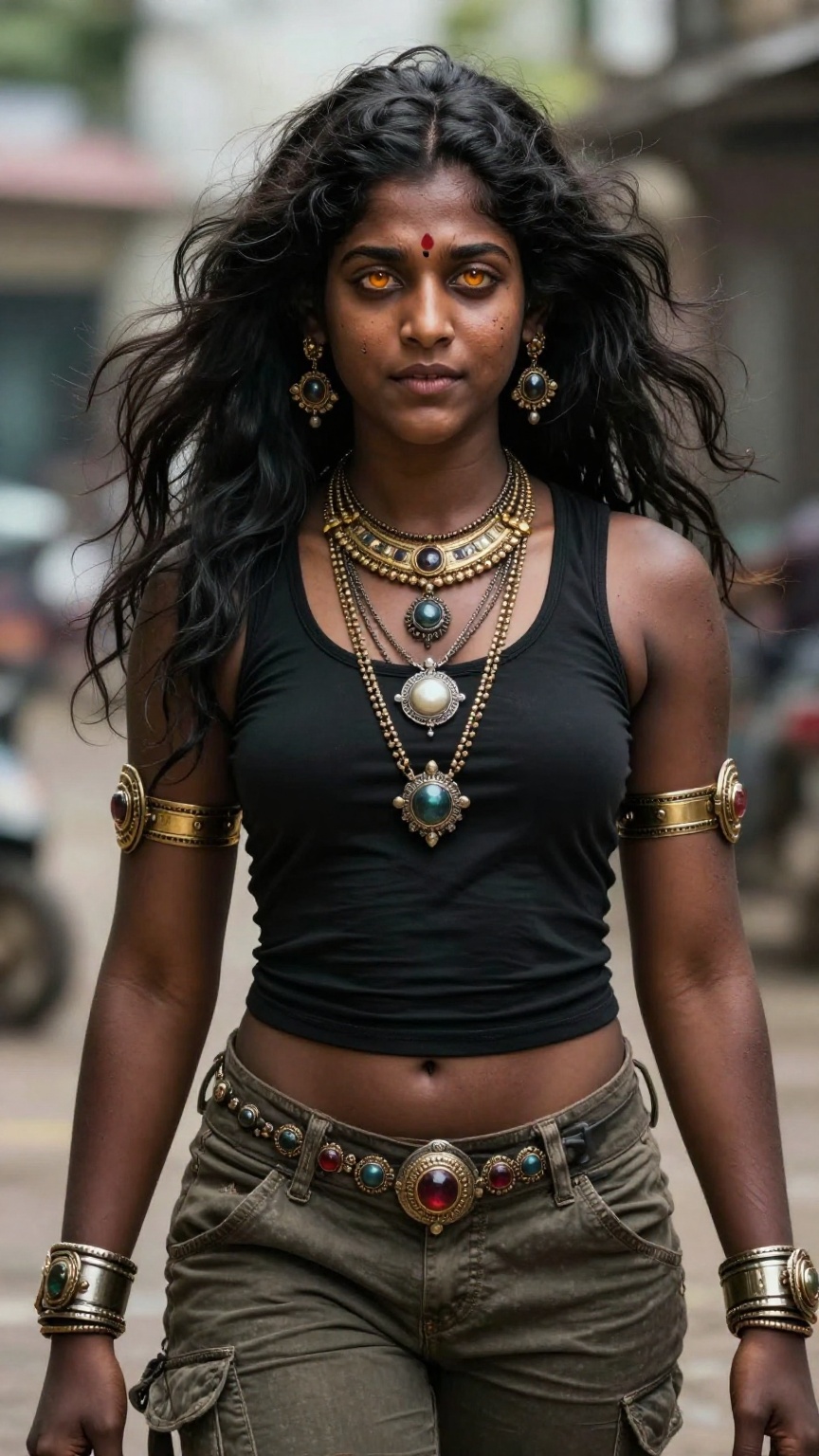 Ultra-realistic Indian demon goddess,  striking dark bronze skin with visible pores,  subtle scars on Tensor.Art