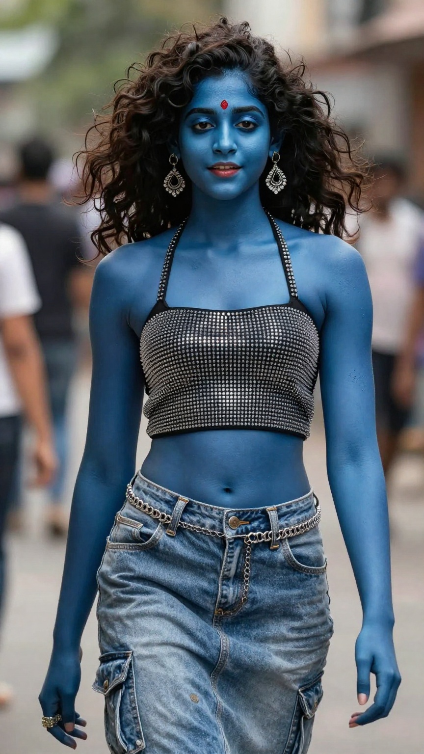 Modern Kali Maa,  realistic dark blue skin with micro skin details and subtle imperfections,  voluminous Y2K supermodel bl...