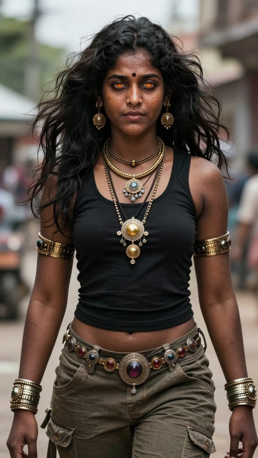 Ultra-realistic Indian demon goddess,  striking dark bronze skin with visible pores,  subtle scars on Tensor.Art
