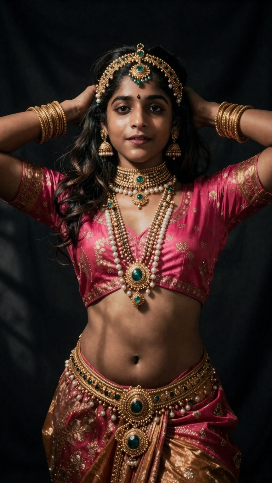 High-resolution cinematic portrait of a stunning Kerala woman with large breasts and big booty dressed as royal ancient qu...