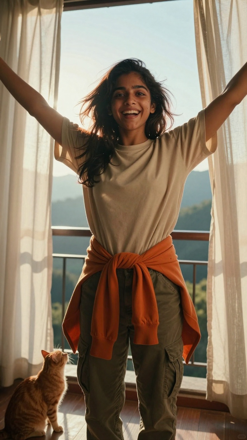 Medium shot captured from a low-angle worm's-eye perspective on mobile camera,  features a joyful young South Asian woman...