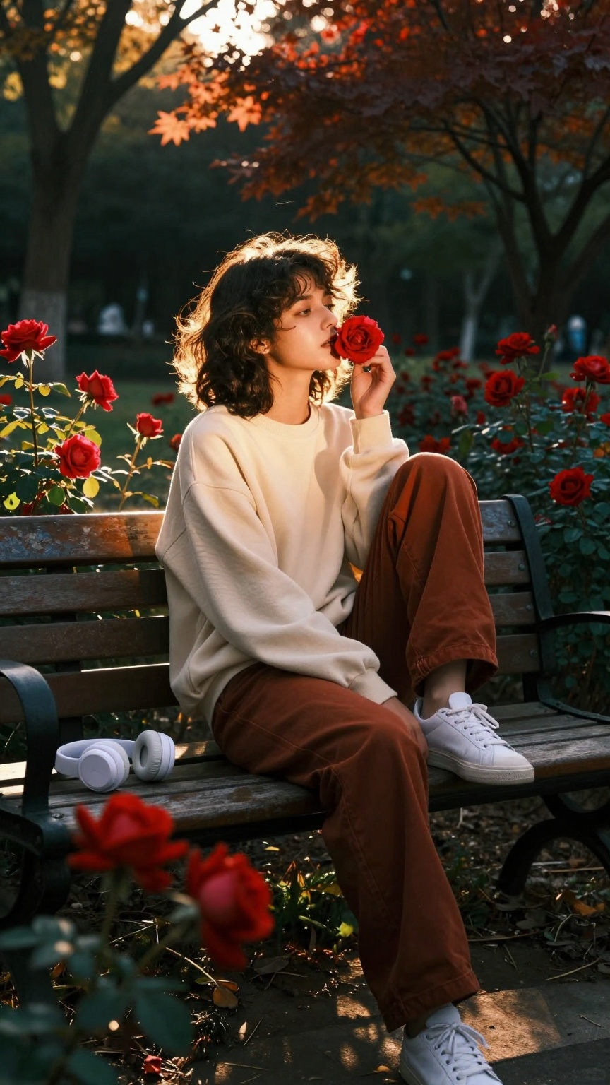 Captured in a medium full shot with a low-angle perspective that emphasizes the subject’s contemplative presence,  this im...