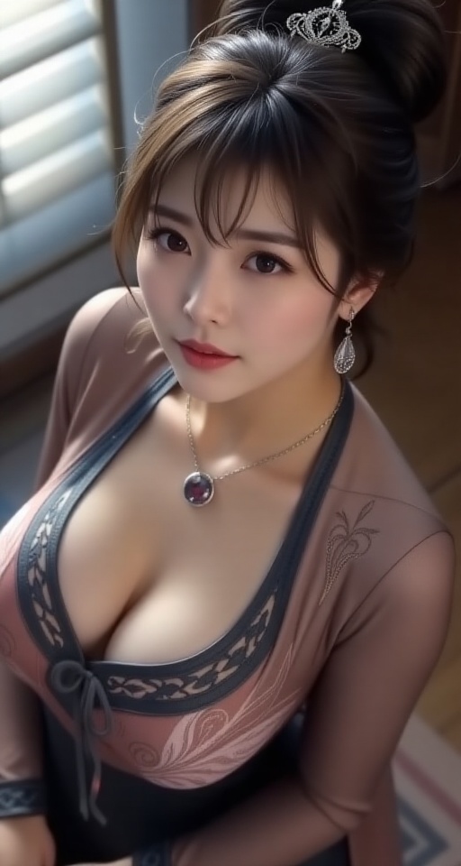 Create a realistic 8K image of a solo girl bird angle viewer. from above. 1girl solo breasts looking at viewer smile black...