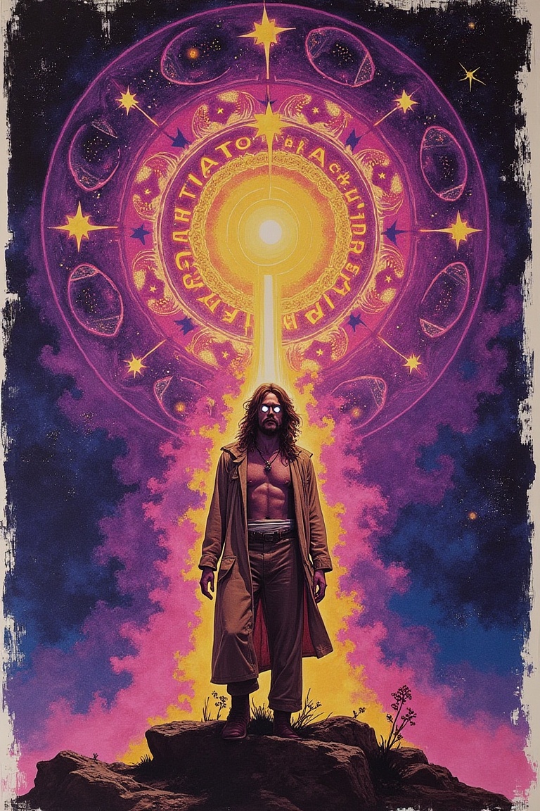 Electric Prophet,  1970 psychedelic-mystic cult-film poster,  hand-painted illustration style on Tensor.Art