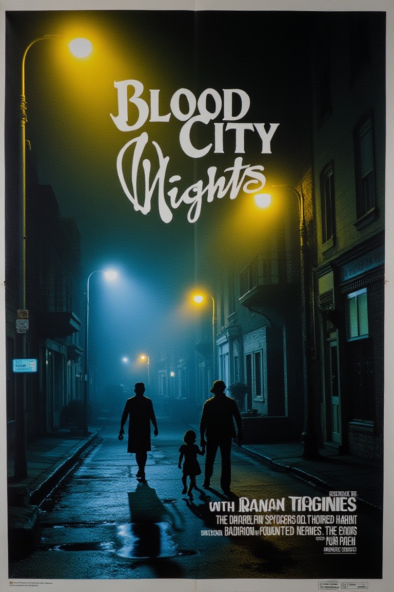 RETRO POSTER CINEMATIC ,  Poster title in bold White text "Blood City Nights"—Blood City Nights — 1974 urban‑crime cult fi...