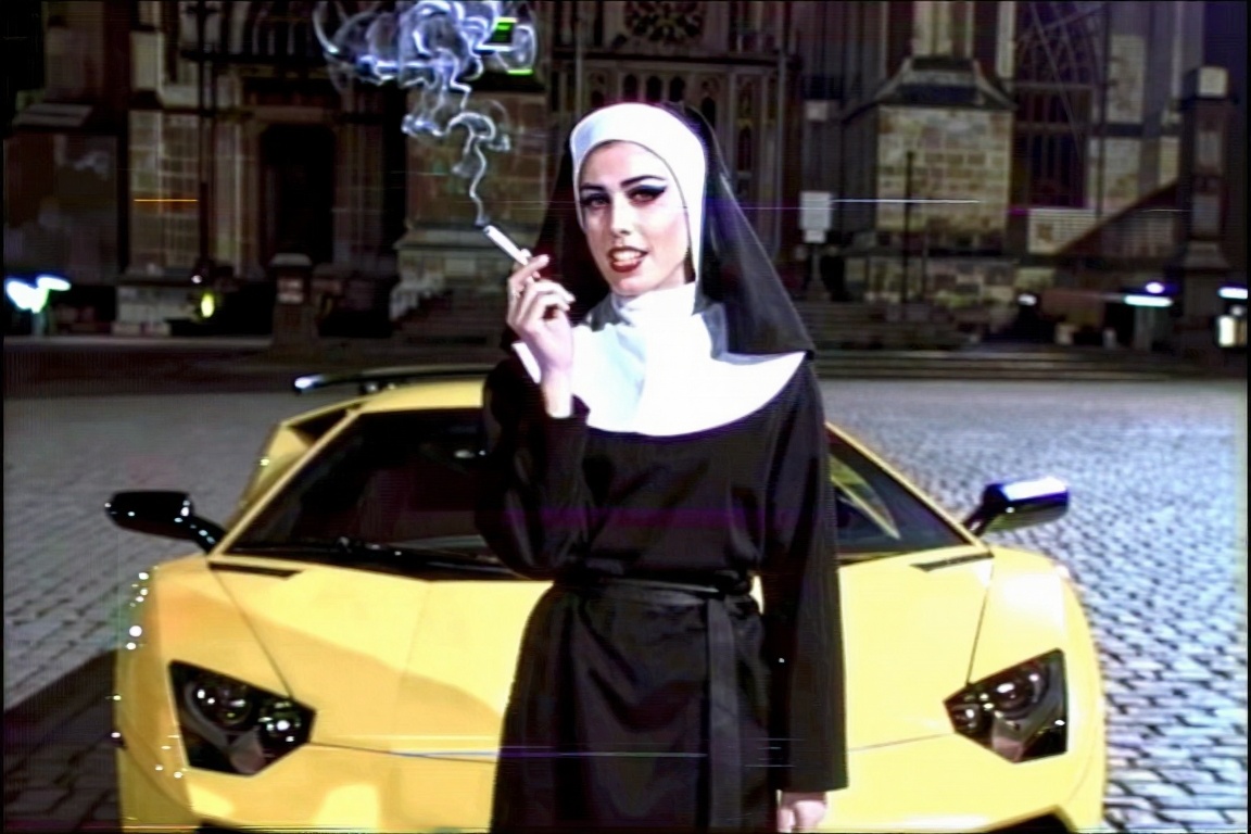 A grainy 1990s VHS screengrab of a rebellious,  young "baddie" nun with bold makeup and sharp eyeliner,  wearing a black n...