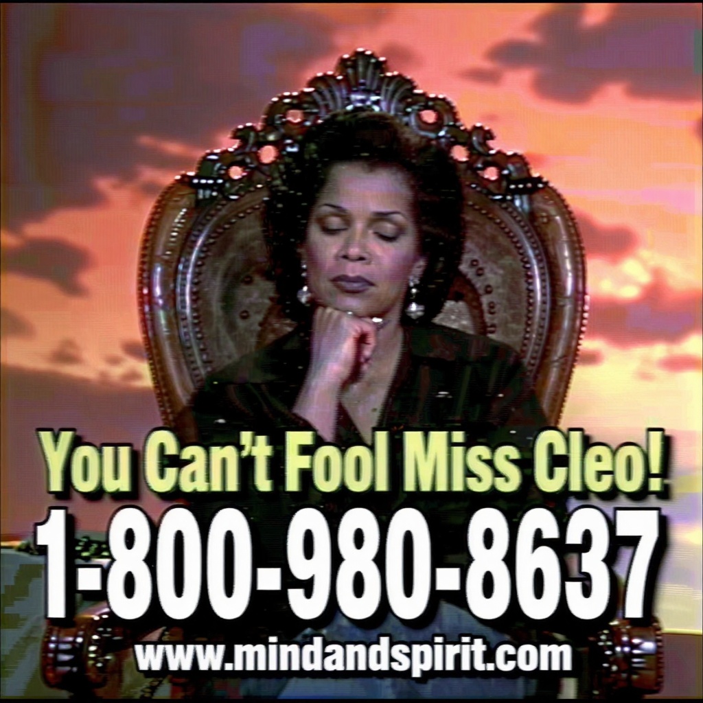 A low-resolution,  highly compressed VHS screengrab of a late 1990s television psychic infomercial. In the center,  a midd...