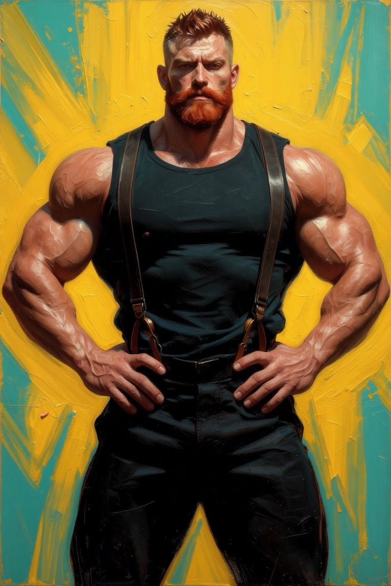 The image depicts a muscular man with a red beard and mustache,  wearing a black sleeveless top with suspenders. He has a...