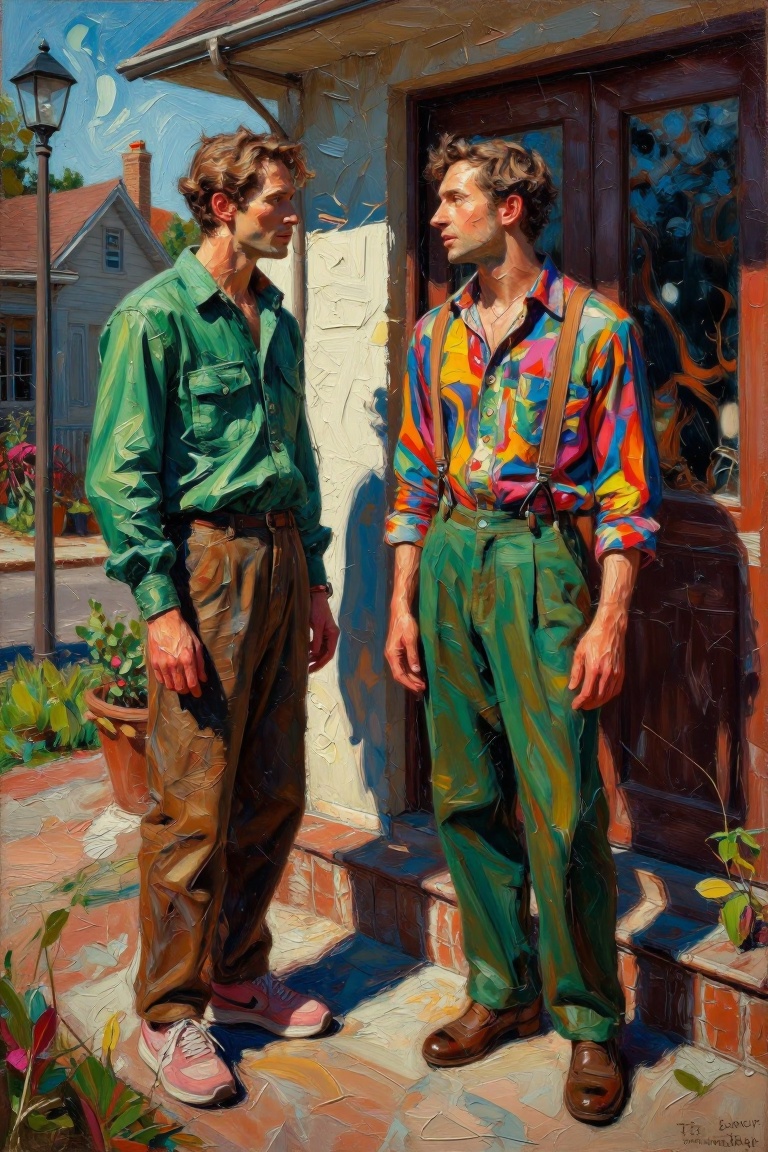 The image depicts two man standing in front of a house. The character on the left is wearing a green shirt and brown pants...