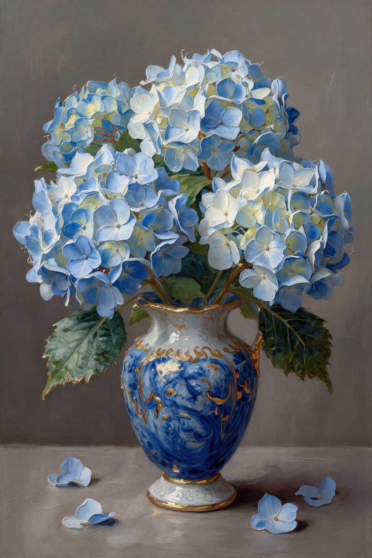 The image depicts a beautifully arranged bouquet of hydrangeas in a decorative blue and white vase. The hydrangeas are in...