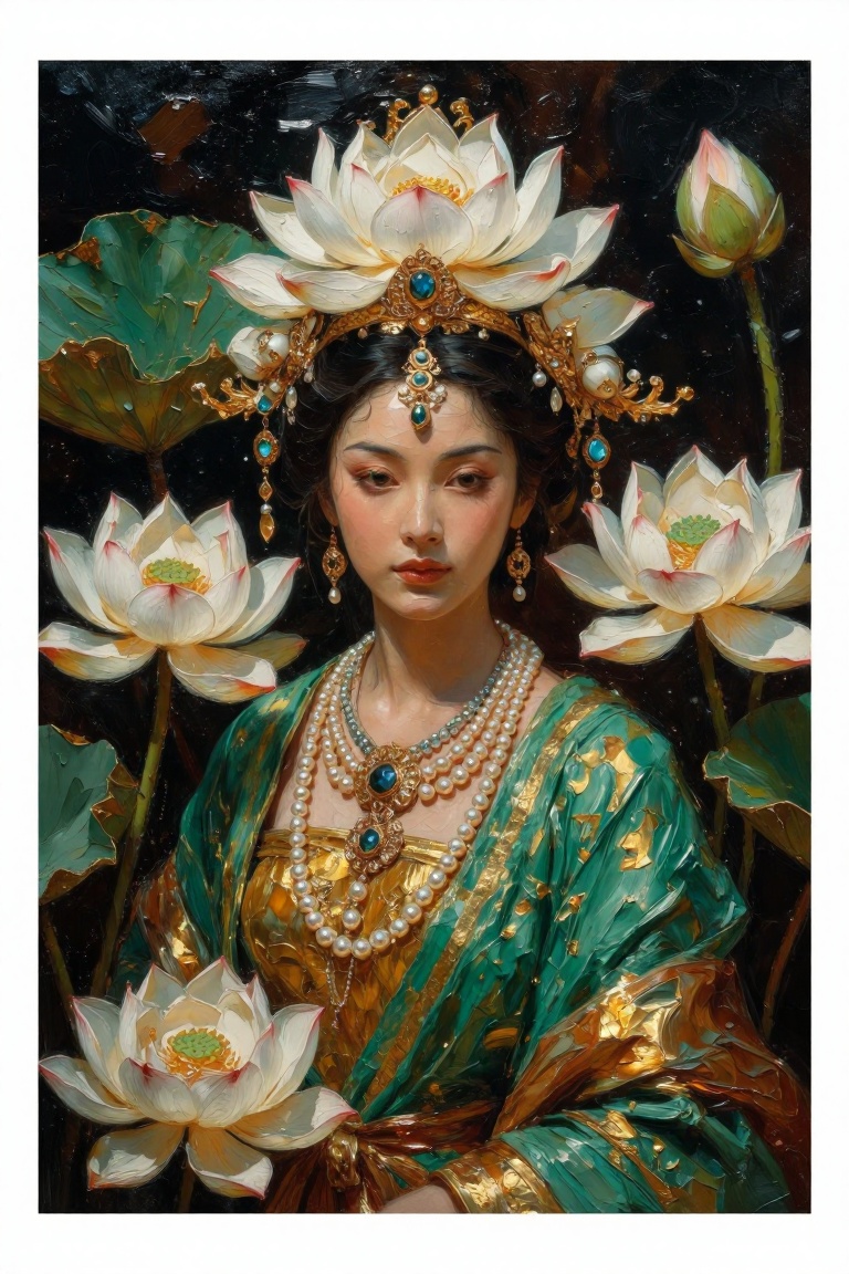 The image depicts a highly stylized and artistic depiction of a woman adorned in intricate,  luxurious attire. She is wear...