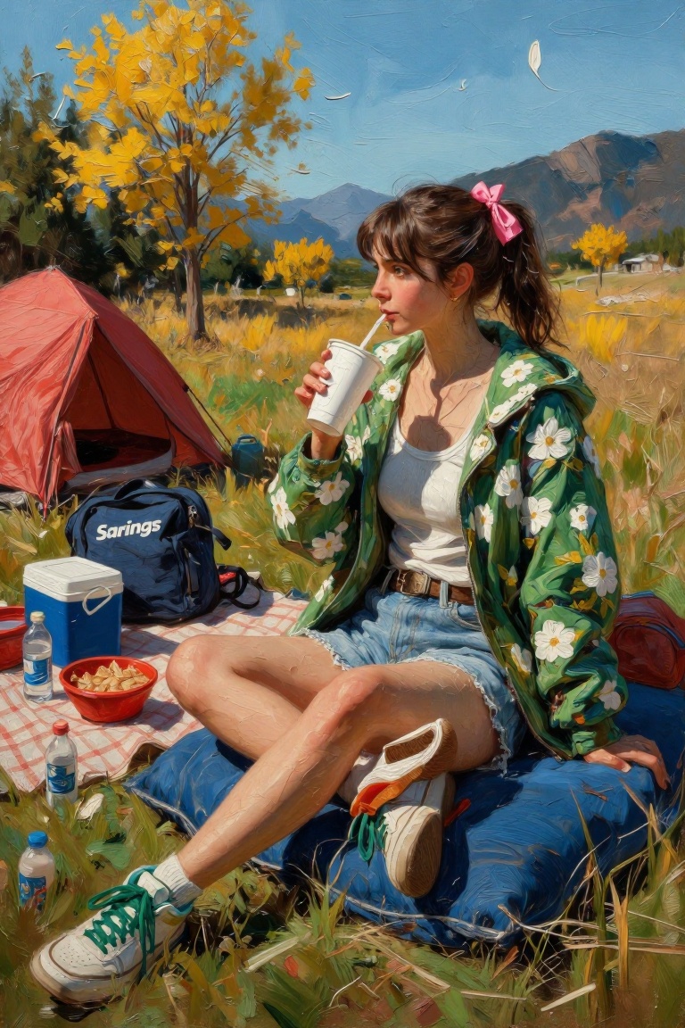 The image depicts a serene outdoor scene with a young woman sitting on a blue cushion,  enjoying a drink from a white cup...
