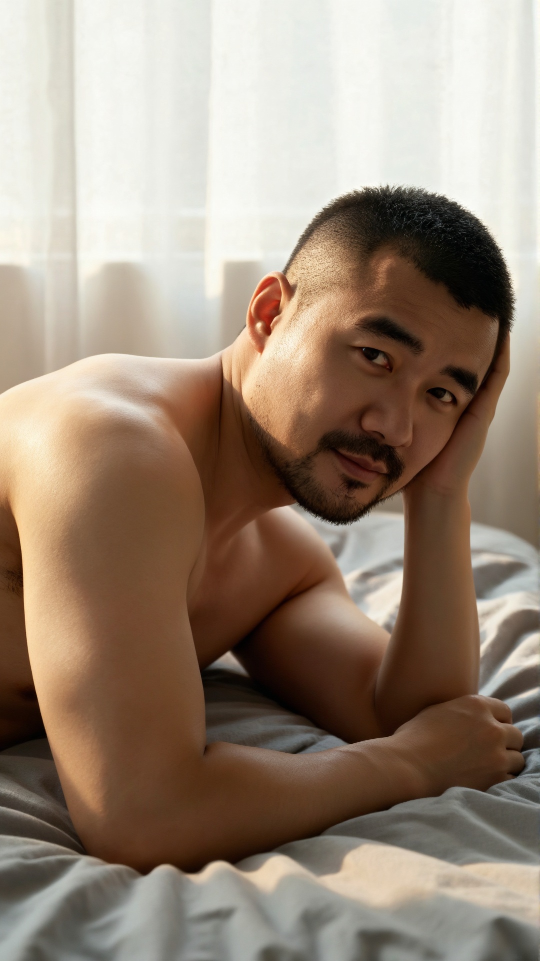 亚洲熟男,  一名体型健硕的男性侧身卧于柔软的床铺上。他留着利落的短寸发型,  面部轮廓方正 by 一起旅行 on Tensor.Art