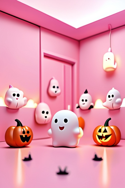 A 3D claymation style scene of an adorable,  smiling little white ghost standing in a bright pastel pink room. Surrounding...