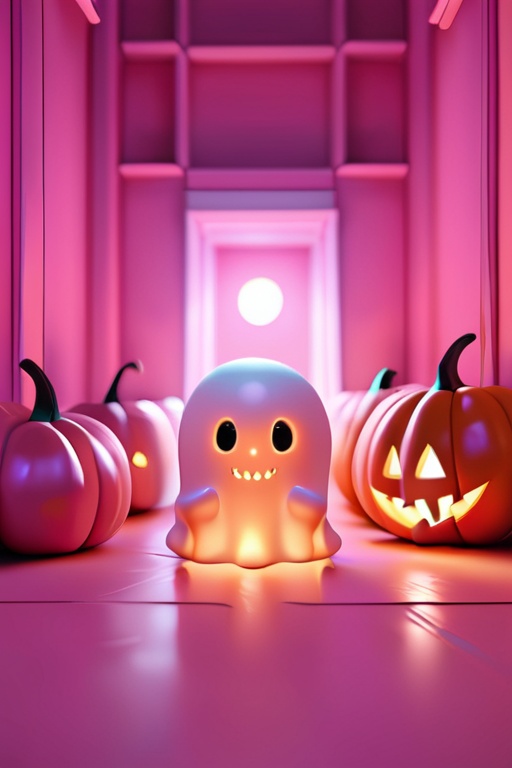 A cute 3D rendered ghost figurine that glows softly from within,  placed in a dreamy neon pink room during nighttime. Mini...