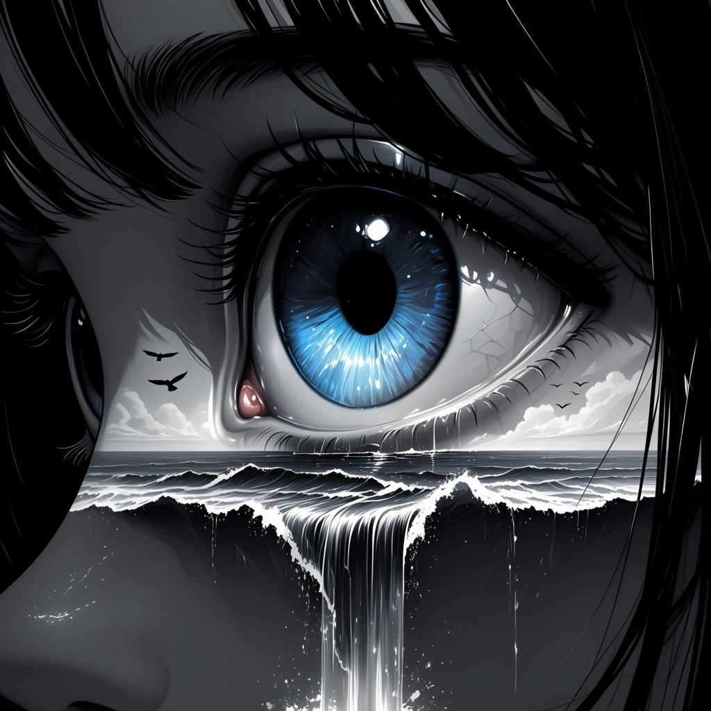digital art,  a grayscale close-up shot focusing on a single blue eye. The eye is divided horizontally. The lower half of...