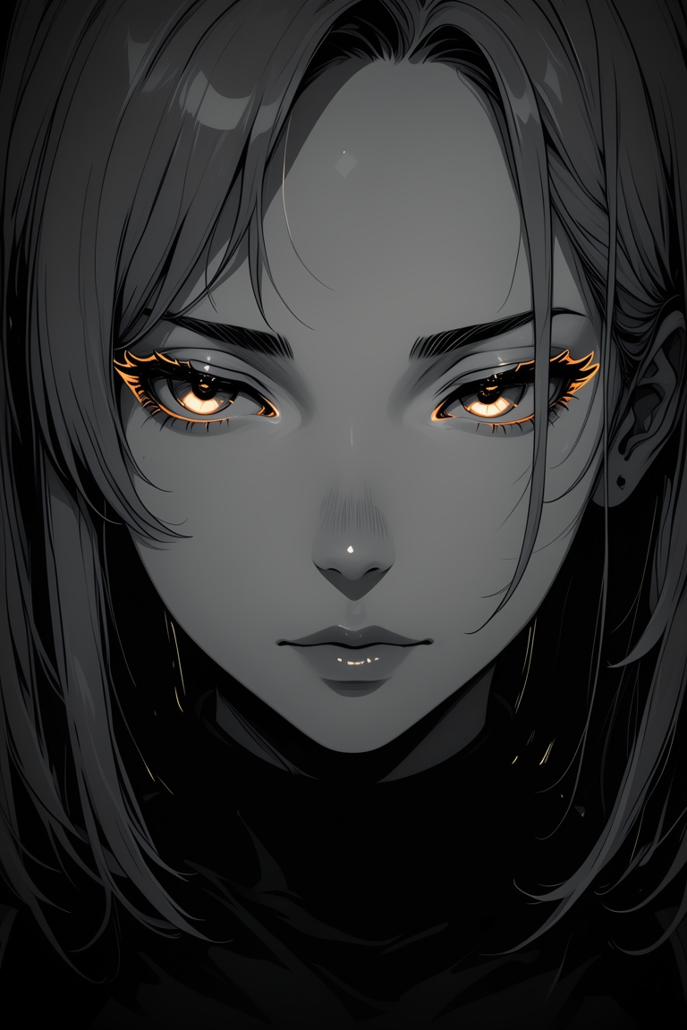 anime,  a portrait of a woman drawn in grayscale shading,  with a subtle neon outline around her eyes and a soft glow only...
