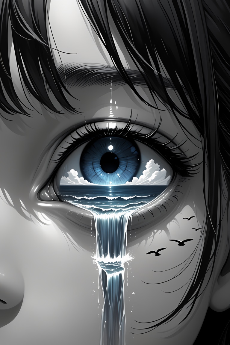 digital art,  a grayscale close-up shot focusing on a single blue eye. The eye is divided horizontally. The lower half of...