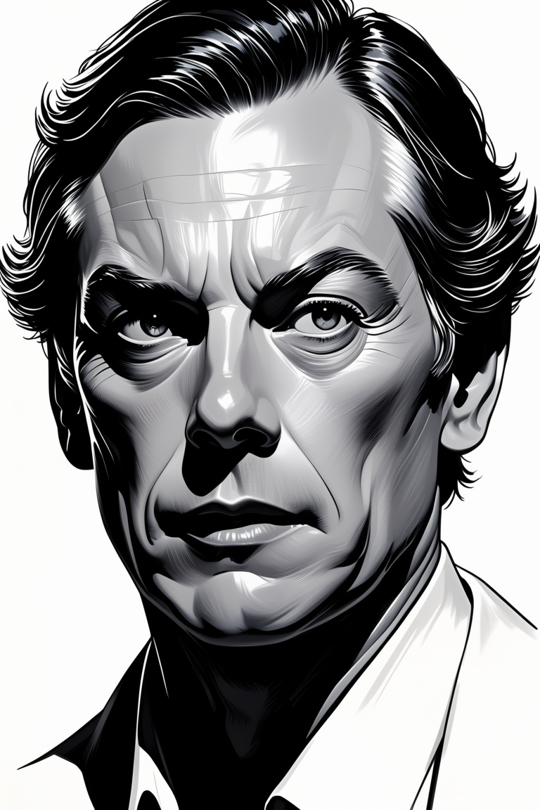 @digital art,  a grayscale cinematic close-up pencil portrait on a white background. The style combines the elegance of Ja...
