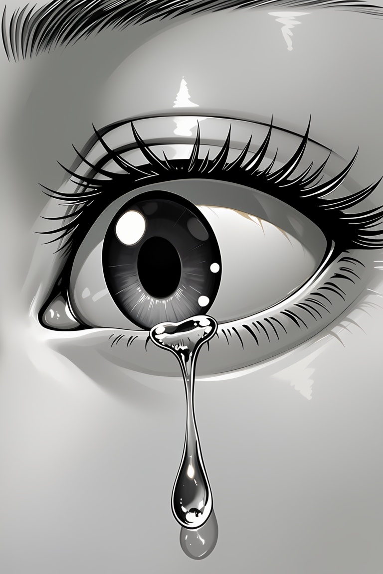 A close-up grayscale image depicts a human eye with a single tear falling from its lower eyelid. The eye is open and appea...