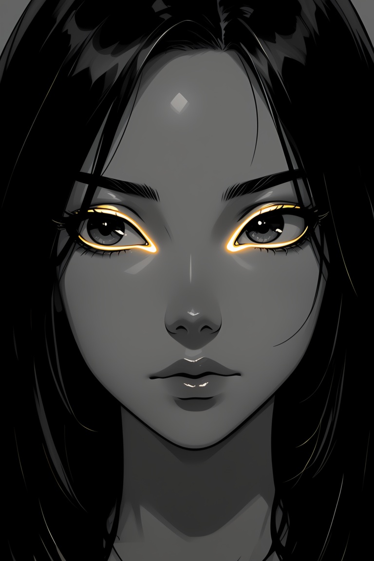 Monochrome,  a portrait of a woman drawn in grayscale shading,  with a subtle neon outline around her eyes and a soft glow...