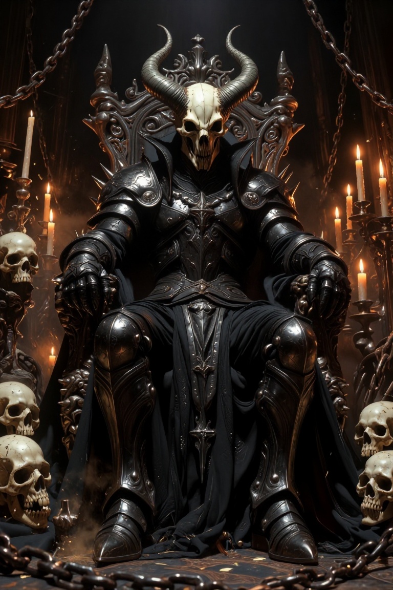 [Masterpiece fantasy digital illustration of] Ultra-detailed digital painting of a demon lord seated on an ornate throne c...