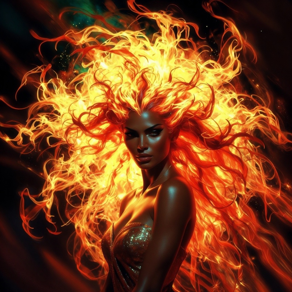 [Masterpiece fantasy digital illustration of] Create a highly stylized,  surreal portrait of a confident woman with dark s...