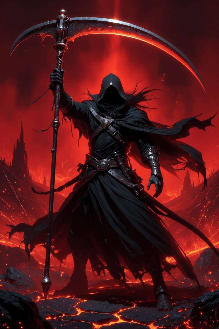 [Masterpiece fantasy digital illustration of] An imposing necromancer in a tattered obsidian-black hooded cloak stands in...