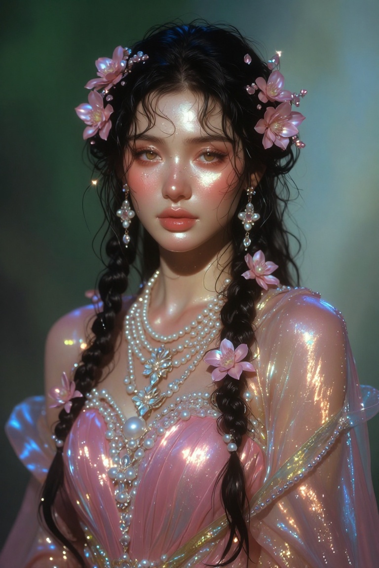 [Masterpiece fantasy digital illustration of] A portrait of a young woman with a mystical,  ethereal appearance. She has d...
