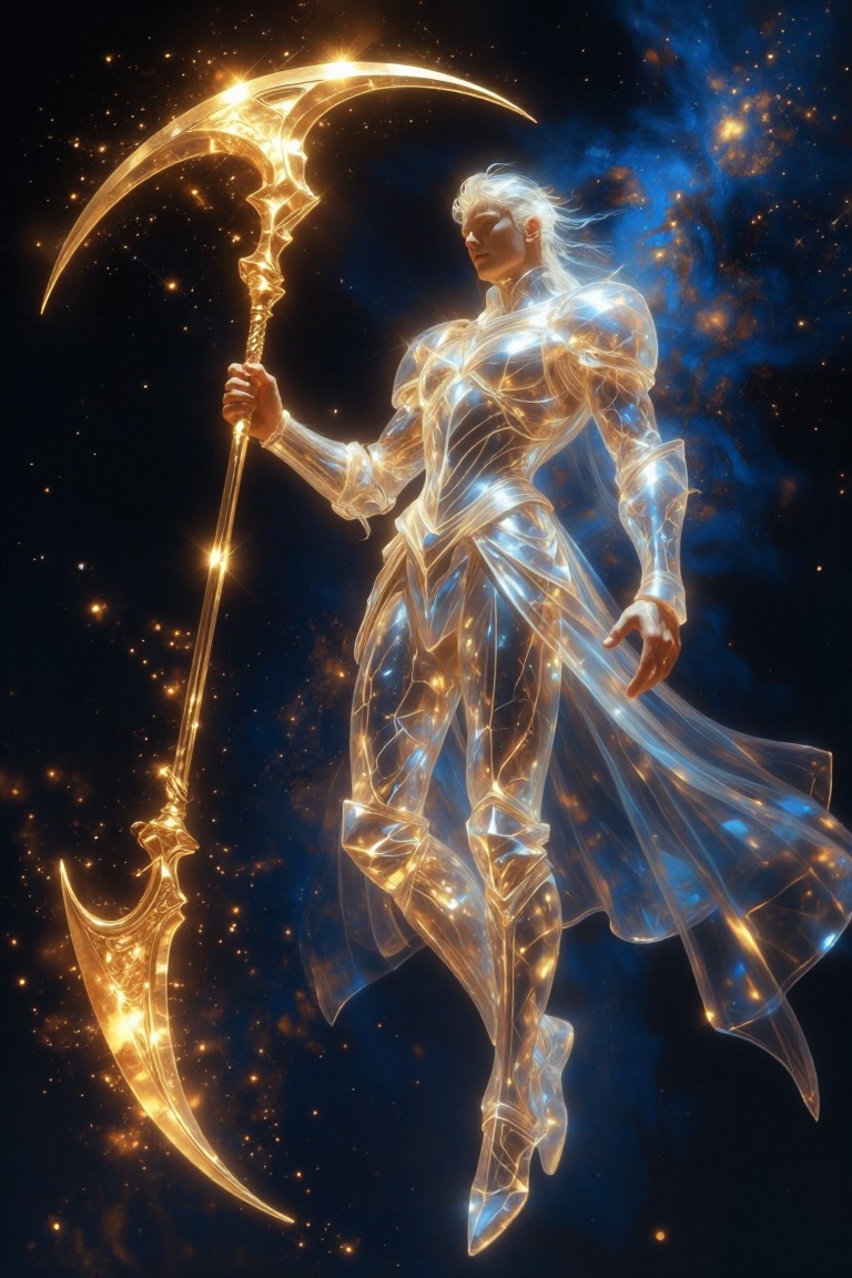 [Masterpiece fantasy digital illustration of] Celestial astral warrior with translucent crystal armor,  levitating in deep...