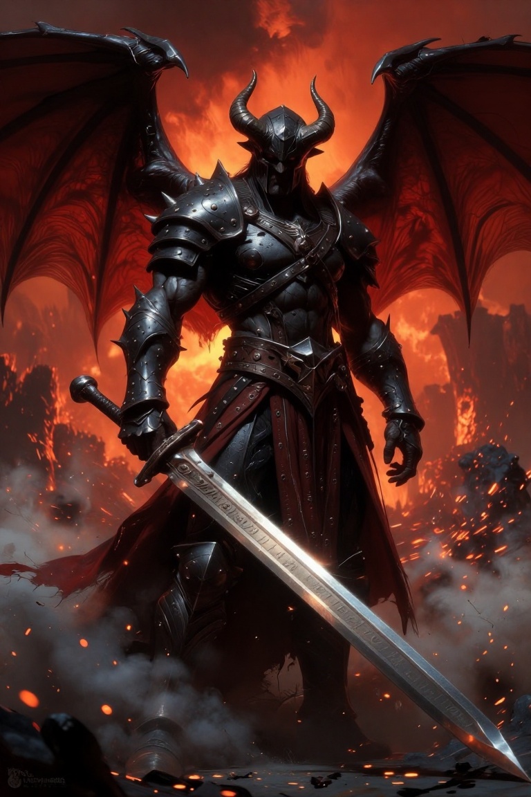 [Masterpiece fantasy digital illustration of] Ultra-detailed dark fantasy concept art of a demon lord: a colossal,  muscul...