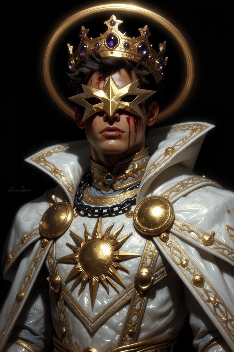 [Masterpiece fantasy digital illustration of] A highly detailed,  dark,  and dramatic portrait of a young man wearing an e...