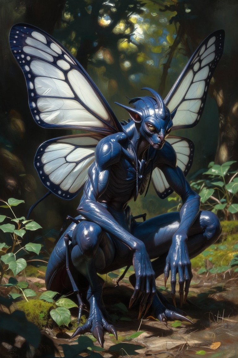 [Masterpiece fantasy digital illustration of] blue insectoid humanoid creature crouching on a leaf-strewn forest floor,  w...