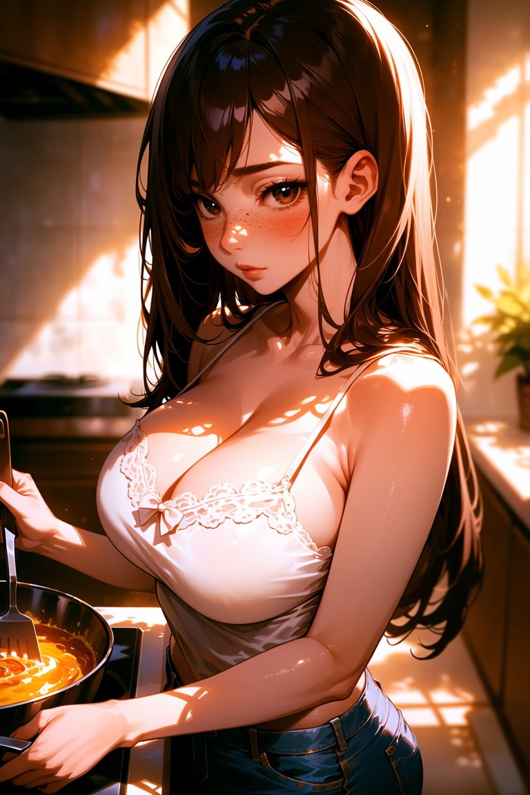 A girl,  in a kitchen,  cooking on Tensor.Art