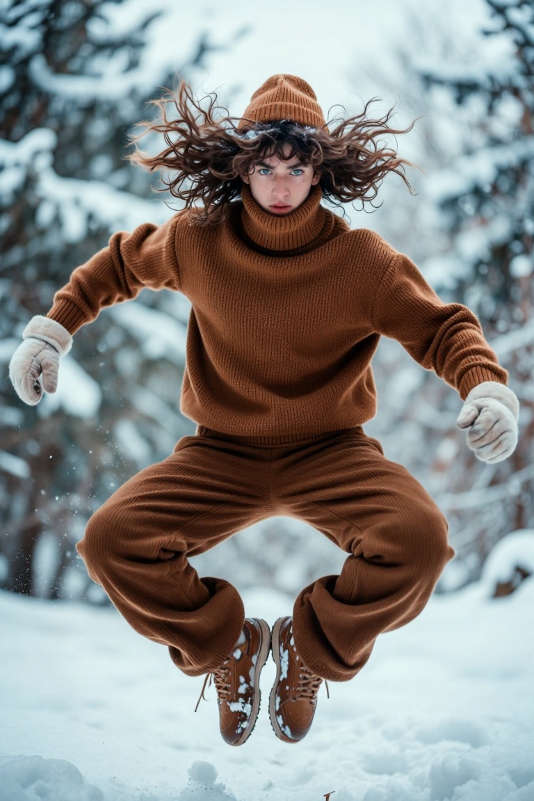 The image shows a person standing outdoors in a snowy environment. The individual is wearing a large,  brown,  knitted tur...