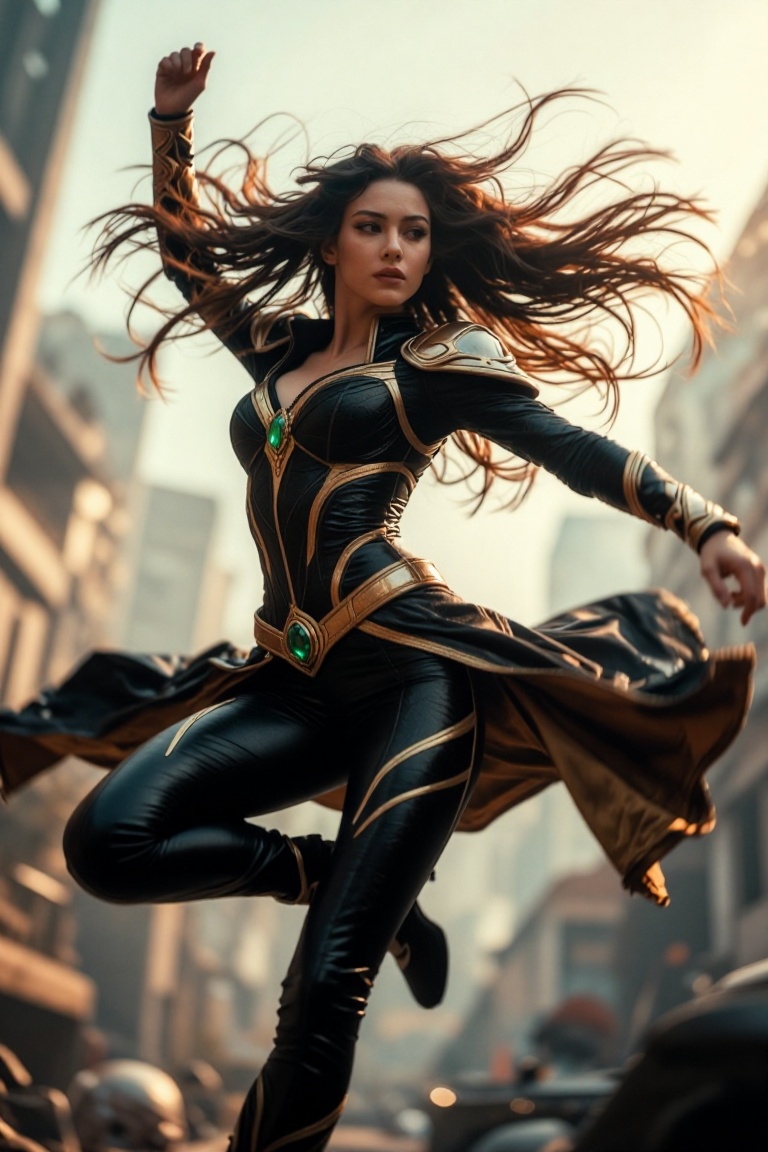 The image depicts a female character with long,  flowing brown hair. She is wearing a black,  form-fitting bodysuit with g...