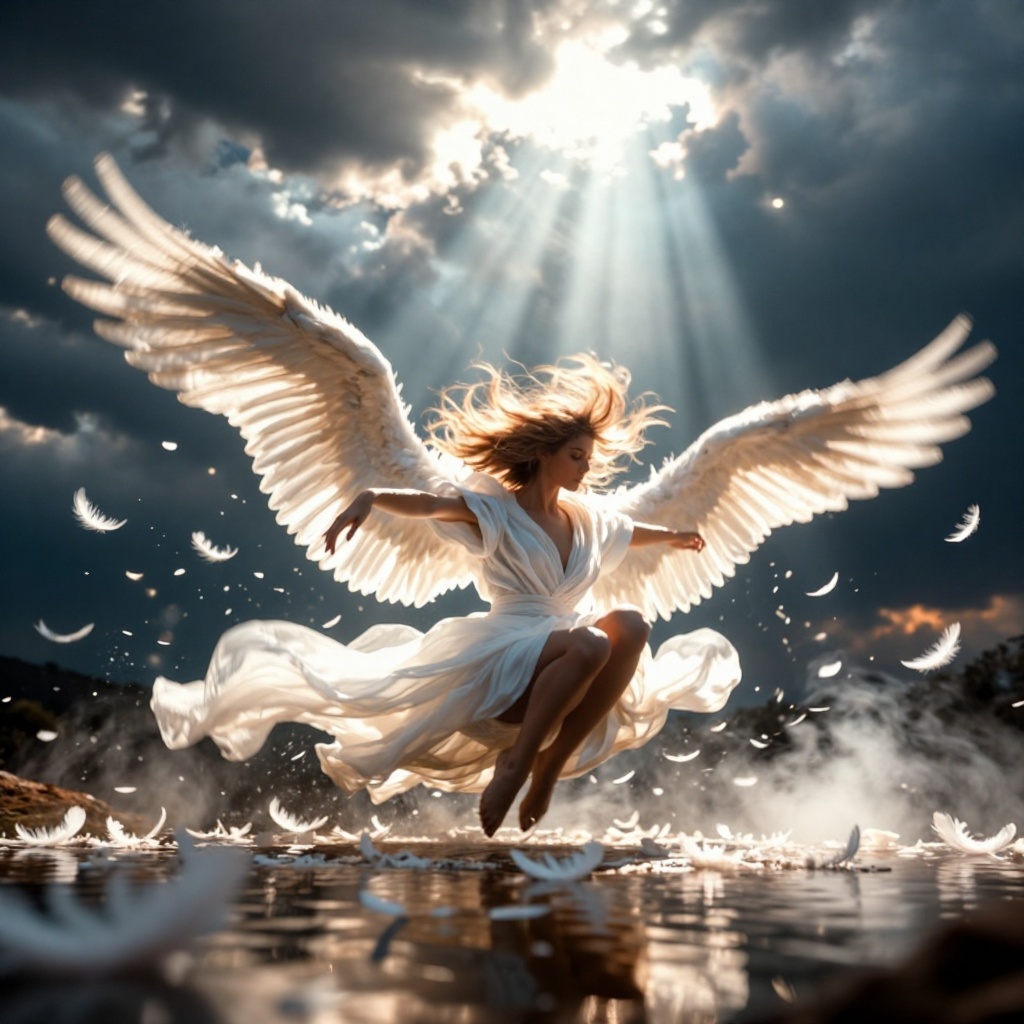 The image depicts a serene and ethereal scene with a person sitting on a reflective surface,  possibly water,  surrounded...